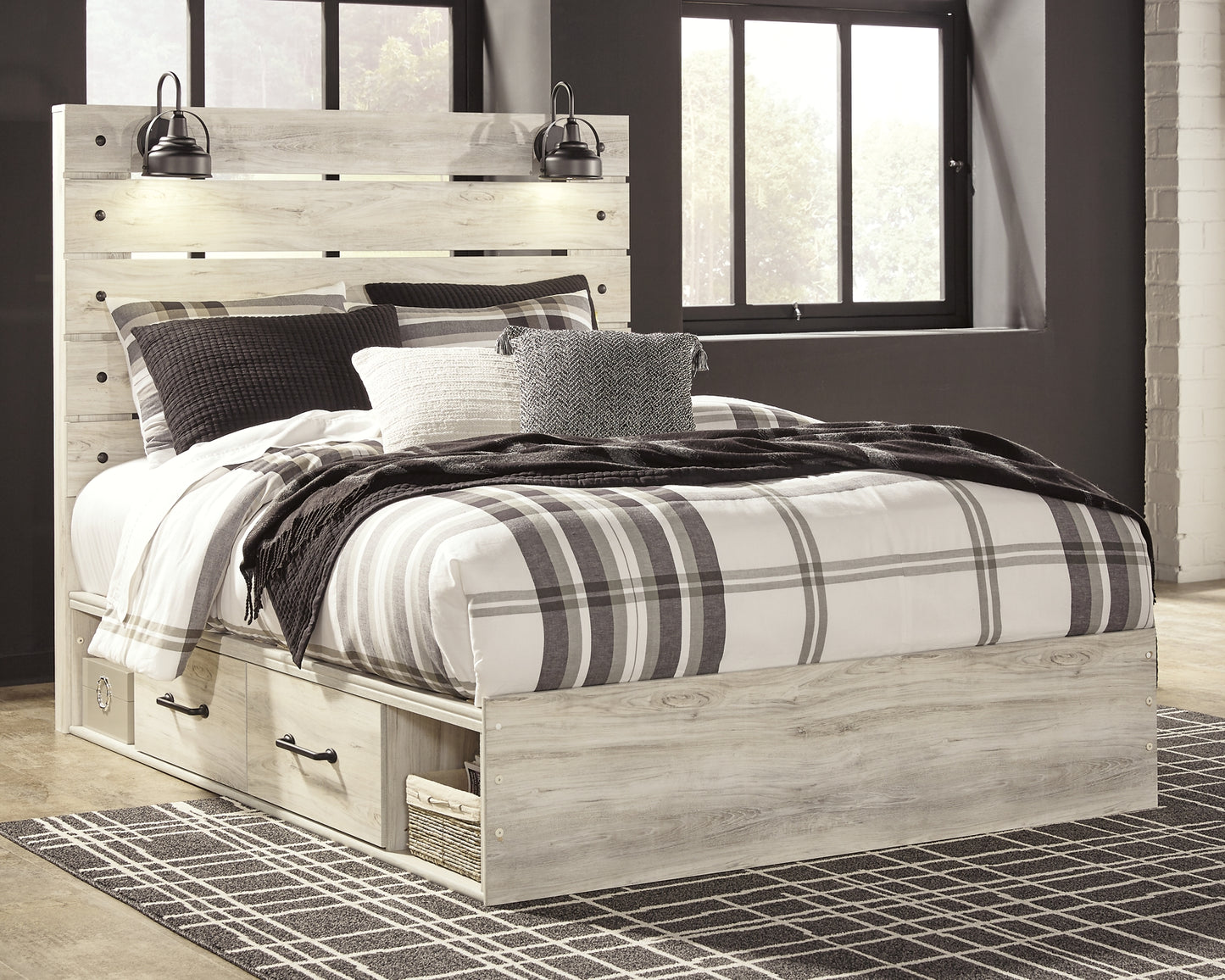 Cambeck Panel Bed With 4 Storage Drawers With Mirrored Dresser And Chest