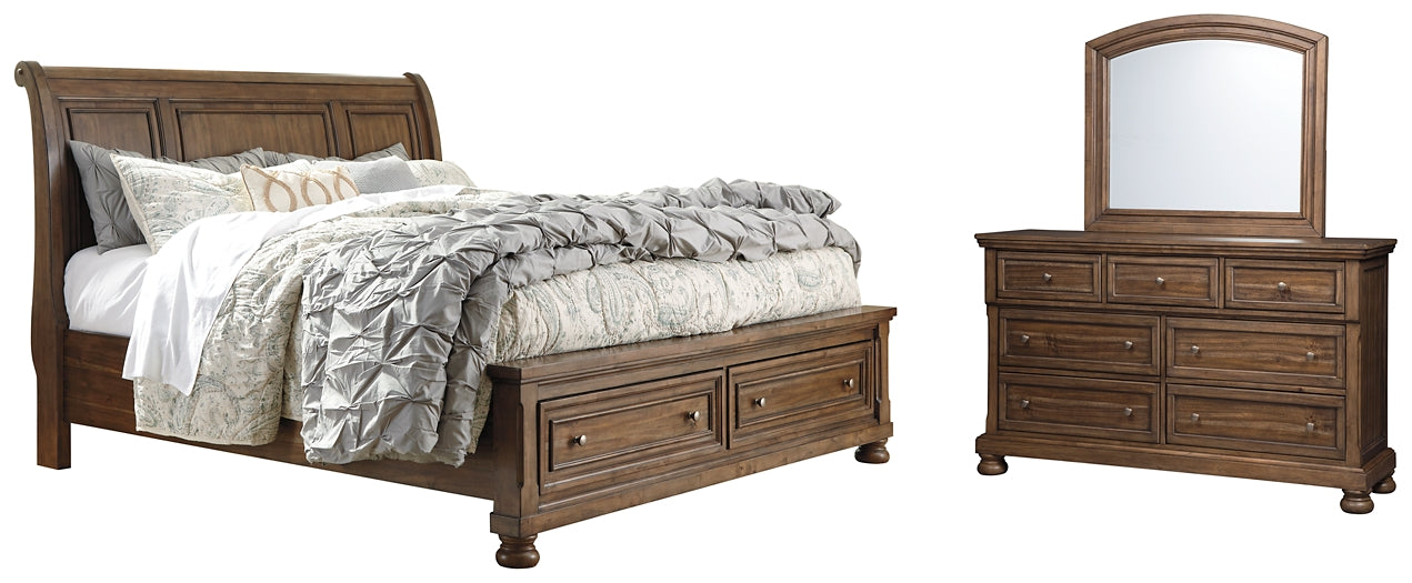 Flynnter Sleigh Bed With 2 Storage Drawers With Mirrored Dresser