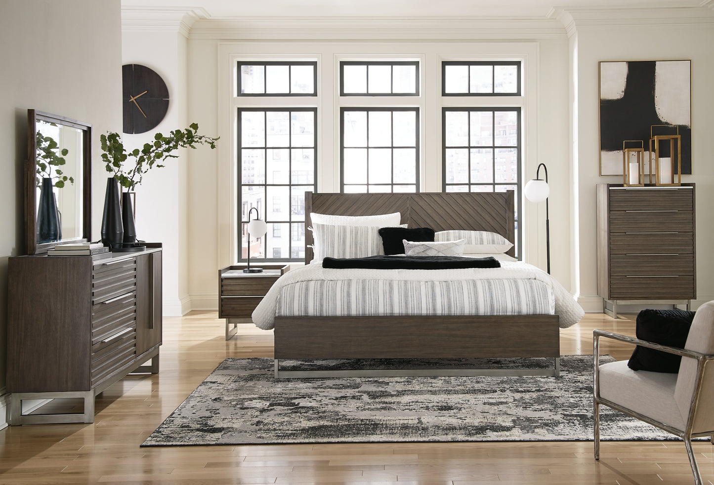 Arkenton King Panel Bed with Mirrored Dresser, Chest and Nightstand
