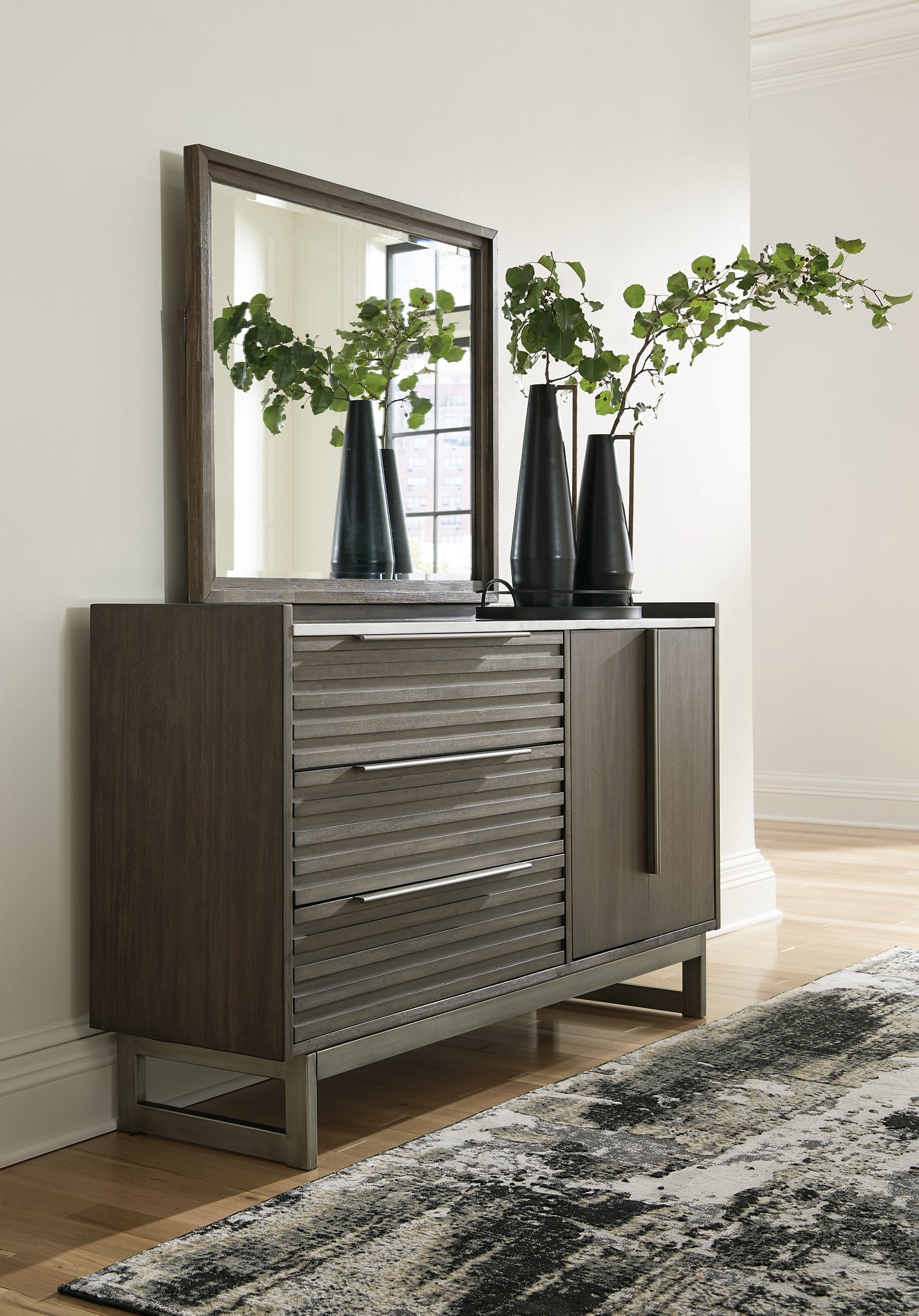 Arkenton King Panel Bed with Mirrored Dresser, Chest and Nightstand