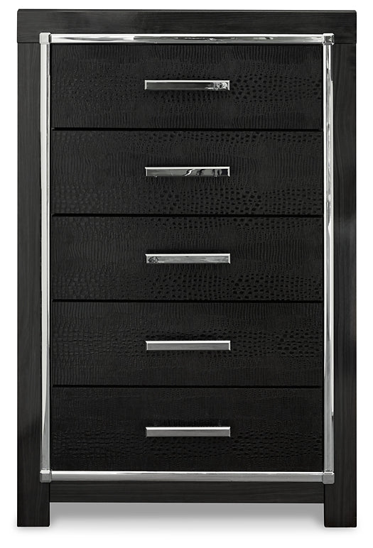 Kaydell King Upholstered Panel Storage Bed with Mirrored Dresser, Chest and Nightstand