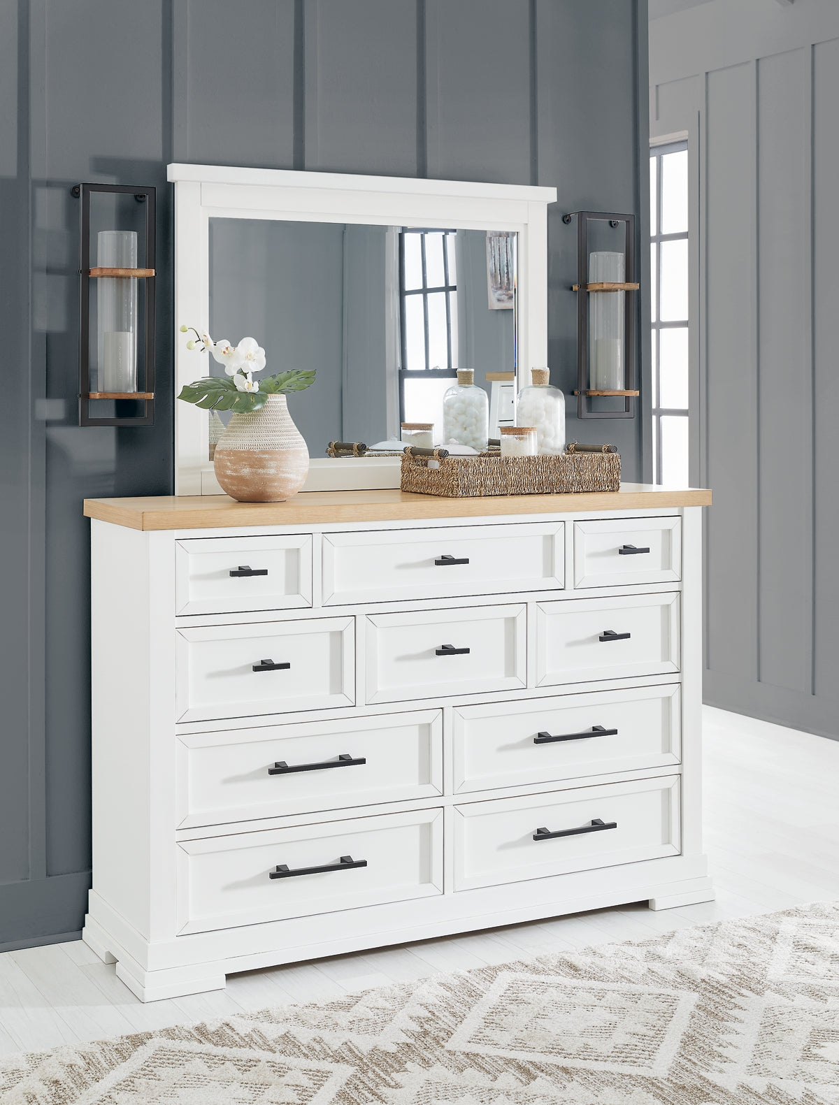 Ashbryn King Panel Storage Bed with Mirrored Dresser and Nightstand