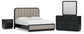 Rowanbeck King Upholstered Panel Bed with Mirrored Dresser and Nightstand