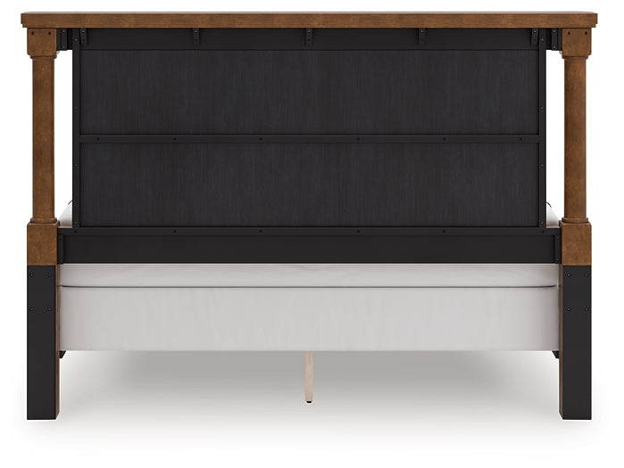 Rowlenstown California King Poster Bed with Mirrored Dresser and Nightstand