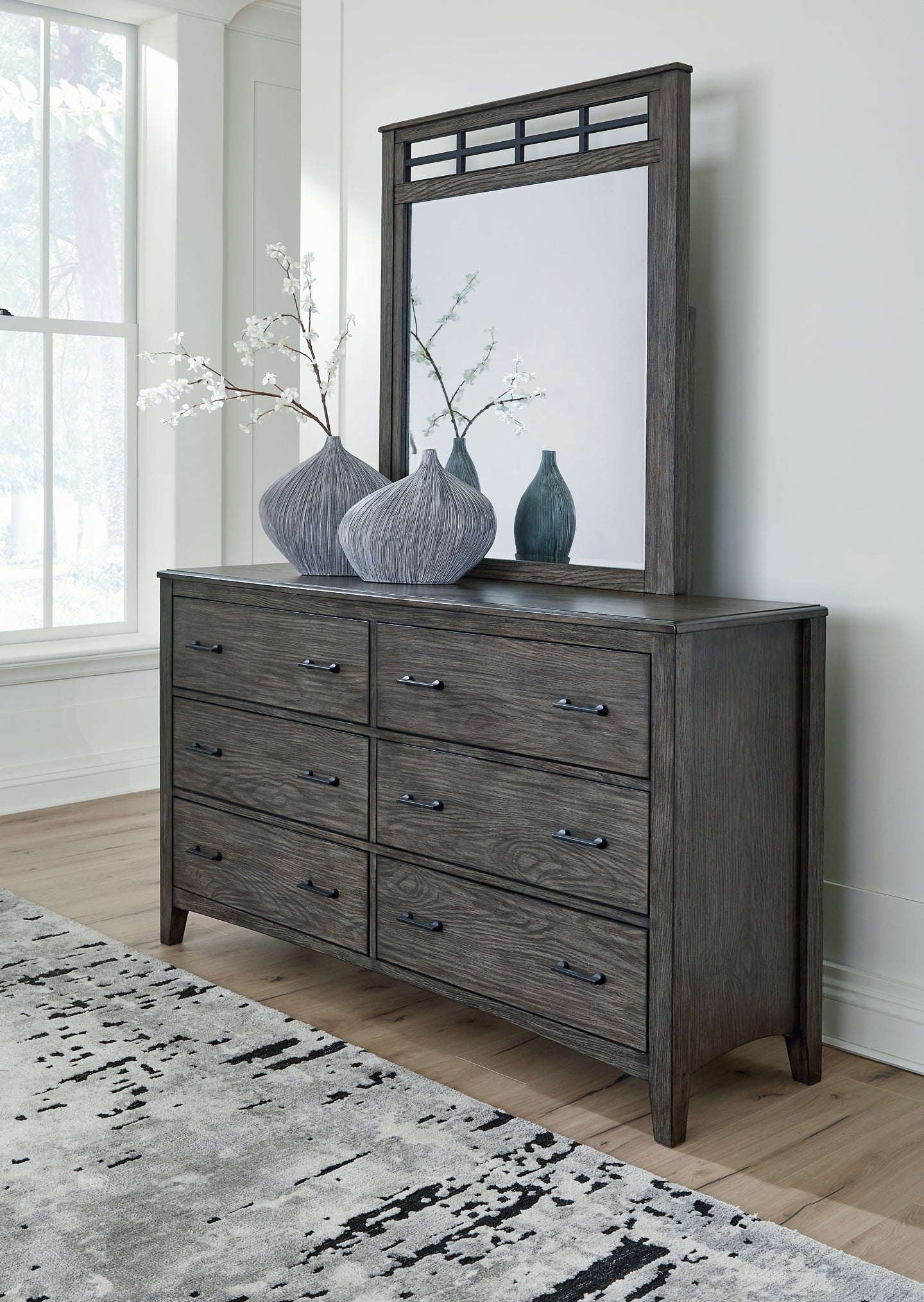 Montillan King Panel Bed with Mirrored Dresser
